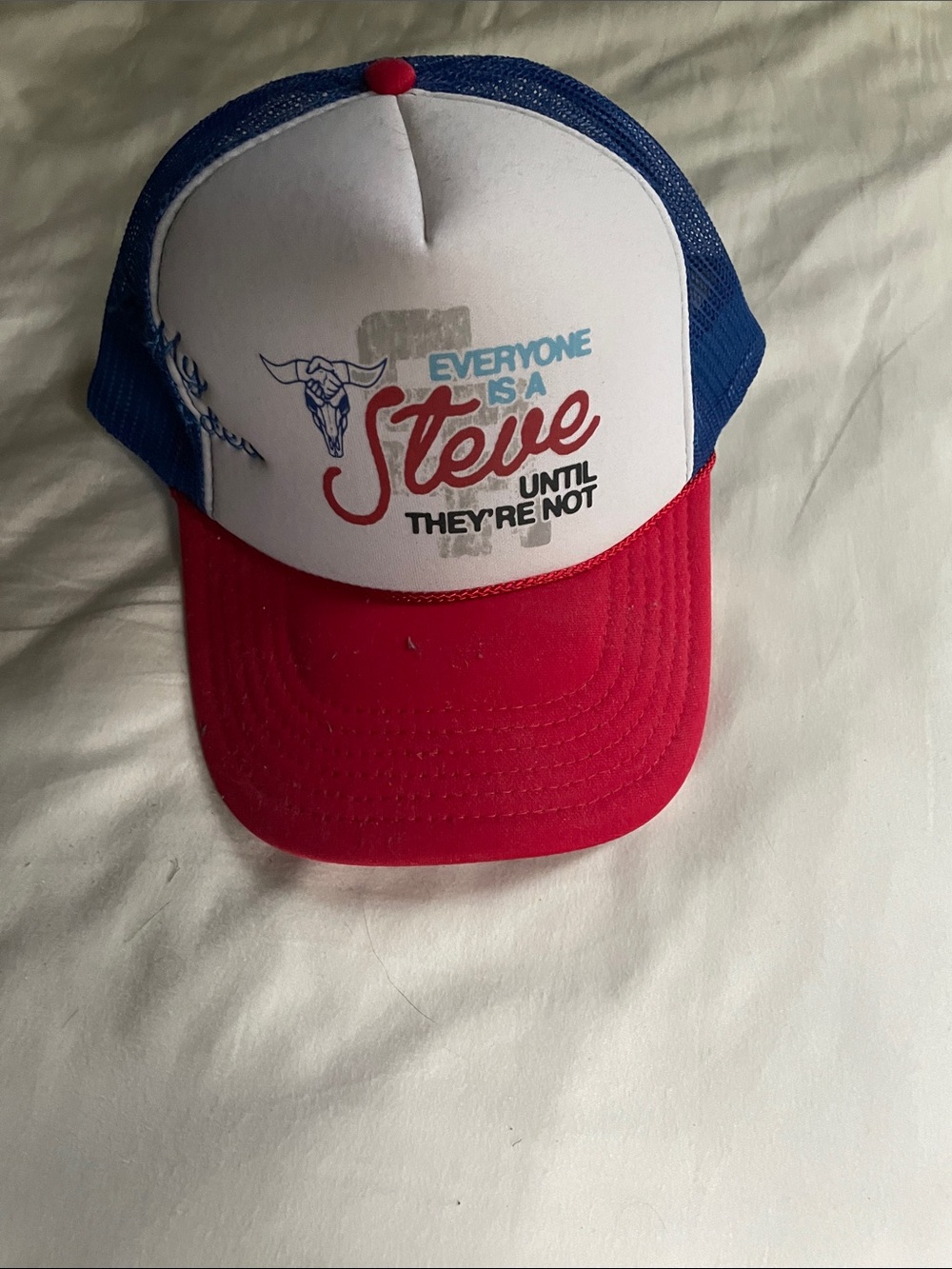 Red, White & Blue Trucker Hat with 'Steve' Graphic